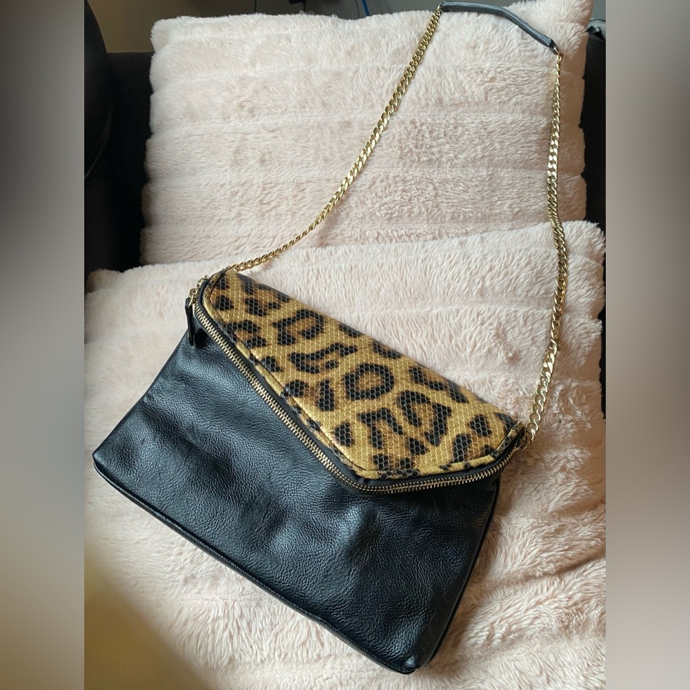 Guess Black Shoulder Bag with Leopard Print Flap and Gold Chain